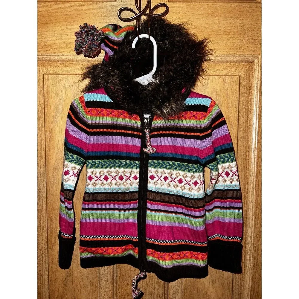 GAP Girls Y2K 2T Sweater Hoodie Full Zip 07/2009 Faux Fur EUC‎ Striped